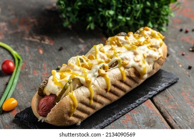 Hot dog with sausage, cheese and corn. banner, menu, recipe place for text, top view. - Powered by Shutterstock