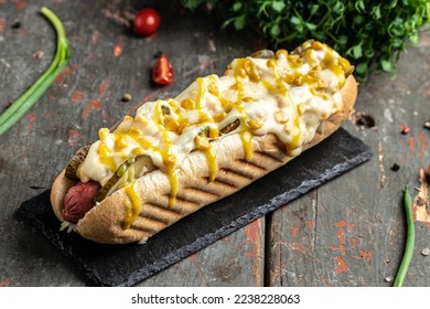 Hot dog with sausage, cheese and corn. fast food and junk food concept. top view. place for text. - Powered by Shutterstock