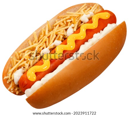 Hot dog with sausage, mayonnaise, mustard and shoestring potatoes on isolated white background.