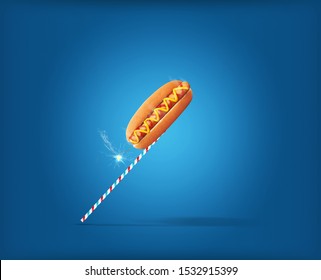 Hot Dog Symbol As A Crackers Concept Of Celebration Like Diwali Christmas & New Year Etc. Let's Start The Celebration Concept For Restaurant Or Fast Food Brand. Hot Dog Crackers On Blue Background.