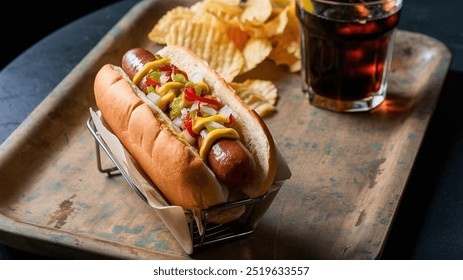 Hot Dogs: Juicy grilled hot dogs served in a soft bun, topped with ketchup, mustard, onions, and relish for a classic American bite. - Powered by Shutterstock