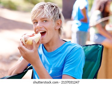 Hot Dogs Are My Favorite. A Cute Little Boy Eating A Hot Dog While Outdoors.