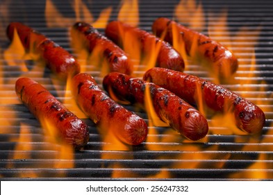 Hot Dogs on a Flaming Hot Barbecue Grill