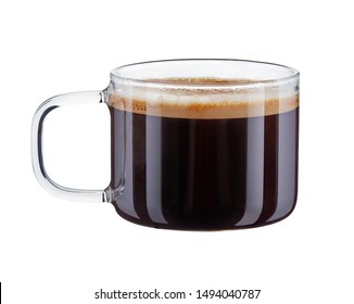 Hot Double Espresso Coffee With Foam In Clear Glass Cup With Handle Isolated On White Background. 100 Sharpness.