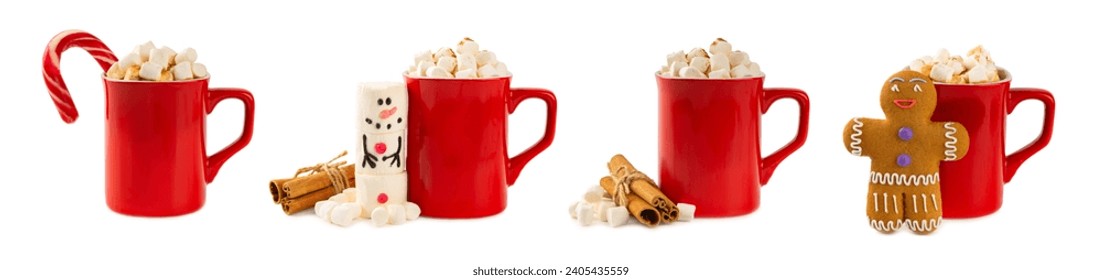 Hot drink with marshmallows and candy cane in a red cup isolated on a white background.Cozy seasonal holidays.Hot cocoa with gingerbread Christmas cookies.Hot chocolate with marshmallow and spices. - Powered by Shutterstock