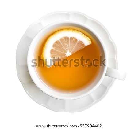 Hot earl grey tea with lemon slice top view isolated on white background, clipping path included