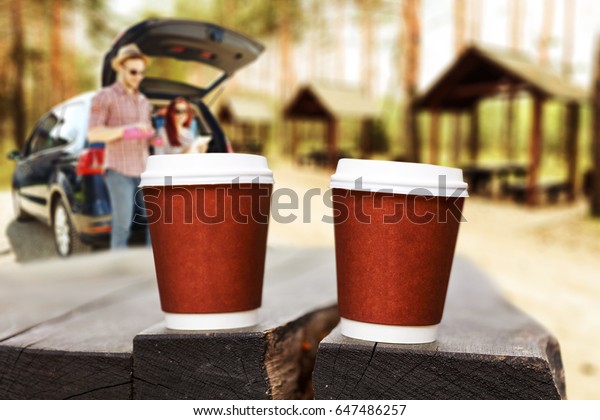 Hot fresh\
coffee and summer trip with two people\
