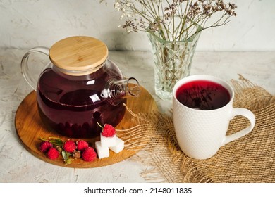 Hot Fruit Berry Tea In Glass Teapot And Cup With Red Antioxidant Beverage, Good Morning Concept