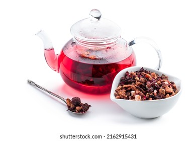 Hot Fruit  Tea In Glass Teapot Isolated On White 