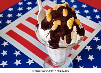 Hot Fudge Sundae On Patriotic Background