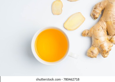 Hot Ginger Tea Ginger Ale Ginger Beer In Glass With Ginger Slice On White Background