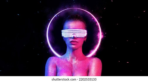 Hot Girl DJ In Neon Lights With Glasses And Headphones. Beautyful Woman In Violet Paint On Her Face And Body. Portrait Of Sexy TDJ At Club Party.