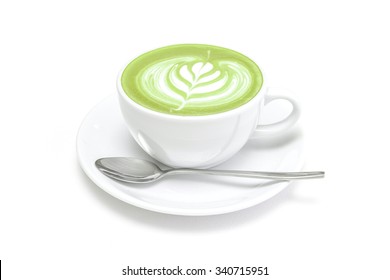 Hot green tea matcha latte in a cup white background isolated