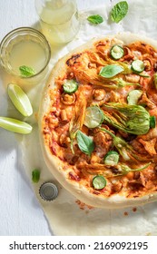 Hot And Homemade Pizza Served With Cold And Summer Lemonade