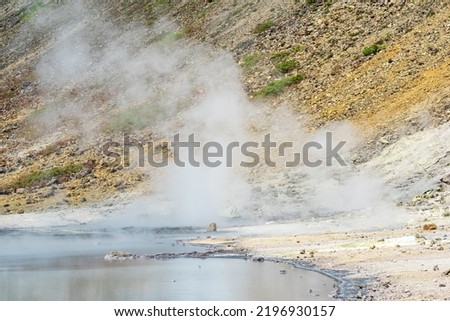 hot hydrothermal water outlet on the shore of the lake in the caldera of the Golovnin volcano on the island of Kunashir


