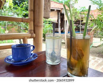 Hot Lemongrass Drink, Hot Lemon Drink And Hot Coffee On A Wooden Table.