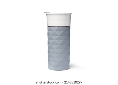 Hot Liquid Blue Hue Silicone Rubber And Ceramic Tumbler For Coffee And Tea Isolated On White Background With Shadow And Lid