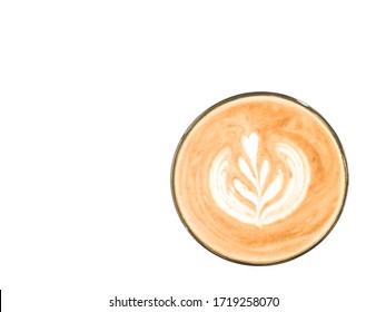 hot milk coffee on  isolate on white background brown tone lifestyle concept idea . latte art leaves shape 