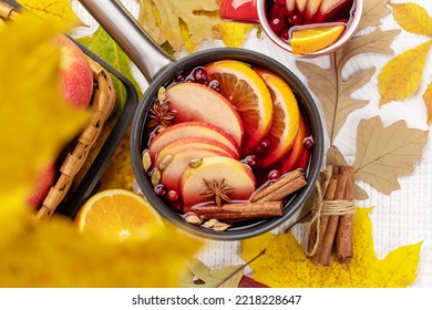 Hot Mulled Wine With Fruits And Spices. Autumn Cocktail. Flat Lay