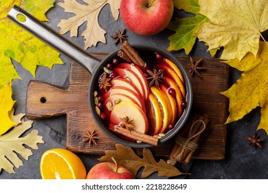 Hot Mulled Wine With Fruits And Spices. Autumn Cocktail. Flat Lay