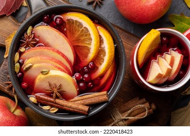 Hot Mulled Wine With Fruits And Spices. Autumn Cocktail. Flat Lay