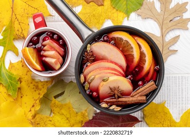 Hot Mulled Wine With Fruits And Spices. Autumn Cocktail. Flat Lay