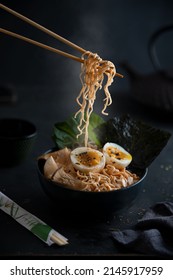 Hot Noodle Curry Asian Hong Kong Japanese Ramen Soup  Hot Food South Asian Egg Mushroom Chopsticks SeaWeed Bouillon Cabbage Steamy Food Dark Mood 