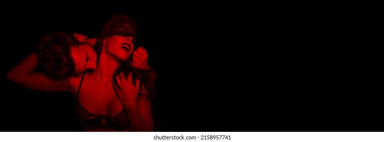 Hot Passionate Lovers At Night In Red Light, Woman With Lace Eye Cover