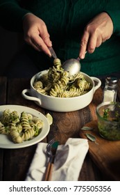 Hot Pasta Casserole Hands Serving Mint Pea Dip Fussillioni Pasta Casserole With Green Fava Beans 