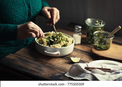 Hot Pasta Casserole Hands Serving Mint Pea Dip Fussillioni Pasta Casserole With Green Fava Beans 