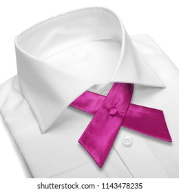 Hot Pink Satin Crossover Uniform Tie With White Shirt Isolated On White Background. Concitor Collection