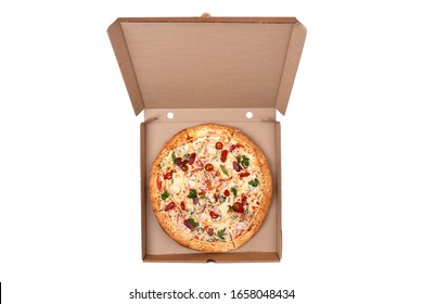 Hot Pizza In An Open Cardboard Box. Tasty Pizza With Cheese, Sausage, Jalapenos And Tomatoes On A White Background. Top View.