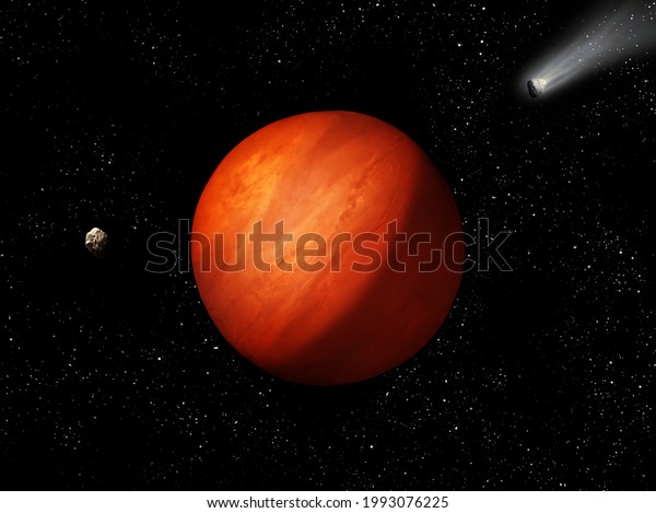 Hot
planet warmed up to thousands of degrees. Red exoplanet is too
close to star. Large planet with asteroid and
stars.