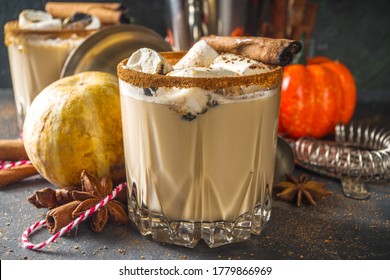 Hot Pumpkin Spice Cocktail, Pumpkin White Russian Cocktail, With Marshmallow And Pumpkin Spices, Dark Background Copy Space