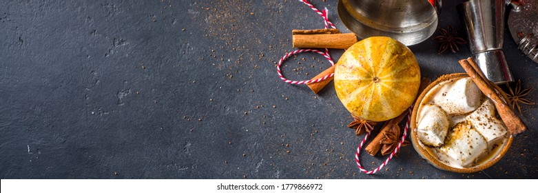 Hot Pumpkin Spice Cocktail, Pumpkin White Russian Cocktail, With Marshmallow And Pumpkin Spices, Dark Background Copy Space