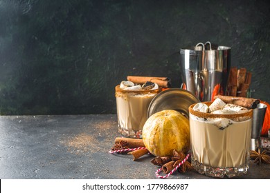 Hot Pumpkin Spice Cocktail, Pumpkin White Russian Cocktail, With Marshmallow And Pumpkin Spices, Dark Background Copy Space