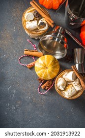 Hot Pumpkin Spice Cocktail, Pumpkin White Russian Cocktail, With Marshmallow And Pumpkin Spices, Dark Background Copy Space