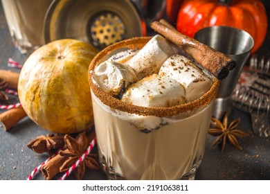 Hot Pumpkin Spice Cocktail, Pumpkin White Russian Cocktail, With Marshmallow And Pumpkin Spices, Dark Background Copy Space