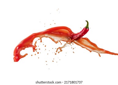 Hot red chilli sauce splash with a fresh hot pepper on white background - Shutterstock ID 2171801737