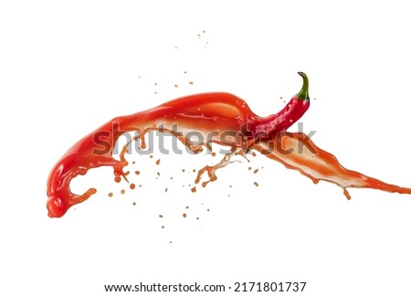 Hot red chilli sauce splash with a fresh hot pepper on white background