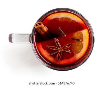 Hot Red Mulled Wine With Orange Slice And Christmas Spices Isolated On White Background, Top View