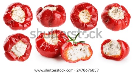 Hot red tiny cherry peppers stuffed with soft ricotta cheese isolated on white background. Collection with clipping path.