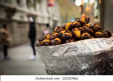 Hot Roasted Chestnuts On Food Cart On New York City Street