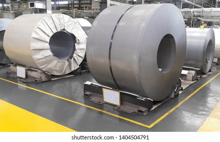 Hot Rolled Steel Sheet In Coil Straps With Steel Strapping In Warehouse Storage, Plate Metal Sheet Industry