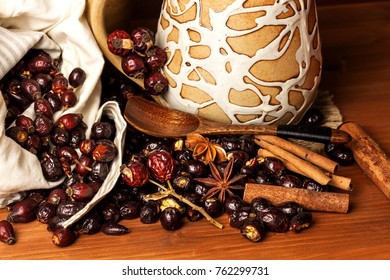 Hot rosehip tea against influenza. Home cold treatment. Dried vitamins. Traditional folk medicine
