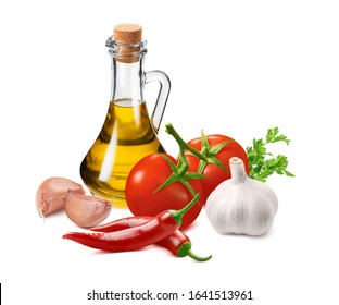 Hot sauce ingredients, tomato, garlic, onion, chili pepper and olive oil in bottle isolated on white background. Package design element with clipping path. Full depth of field - Powered by Shutterstock