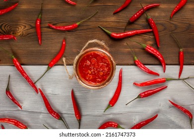 Hot Sauce Made Of Red Chili Peppers. Harissa Sauce. Top View