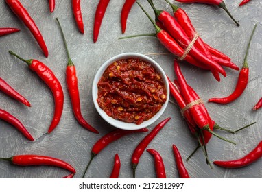 Hot Sauce Made Of Red Chili Peppers. Harissa Sauce. Top View