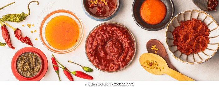Hot sauces and hot pepper pastes of the world: North African Harissa sauce, Indian Curry paste, Chinese sweet sauce, Georgian green plum Adjika, Thai Sriracha sauce, South American Mango sauce, banner