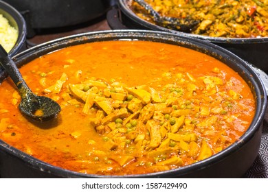 Hot Savoury Food, Chicken Curry On Display At Brick Lane Market In London